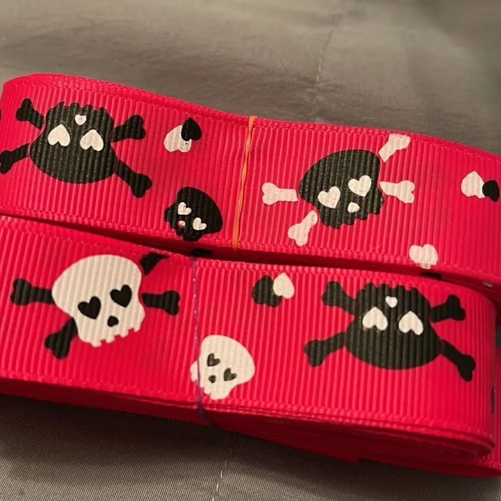Grosgrain Ribbon 7/8” 5 yards 5/$20 skulls heart eyes Jolly Roger hot pink black